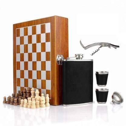Leather Hip Flask with Chess and Bottle Opener Gift Set